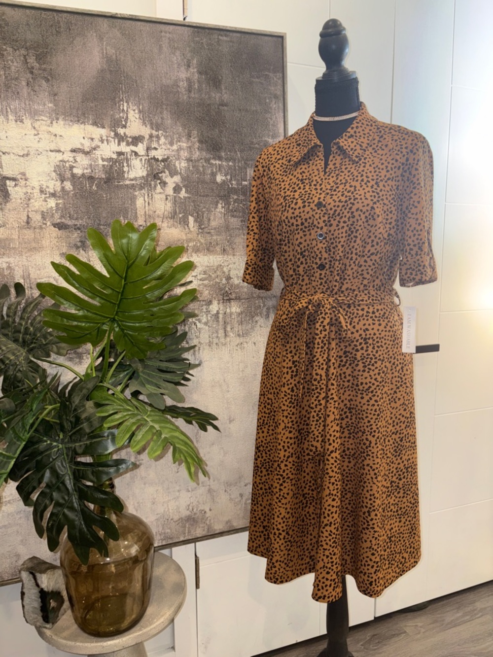 Shelby & Palmer Tan Leopard Midi Shirt Dress with Tie Waist
